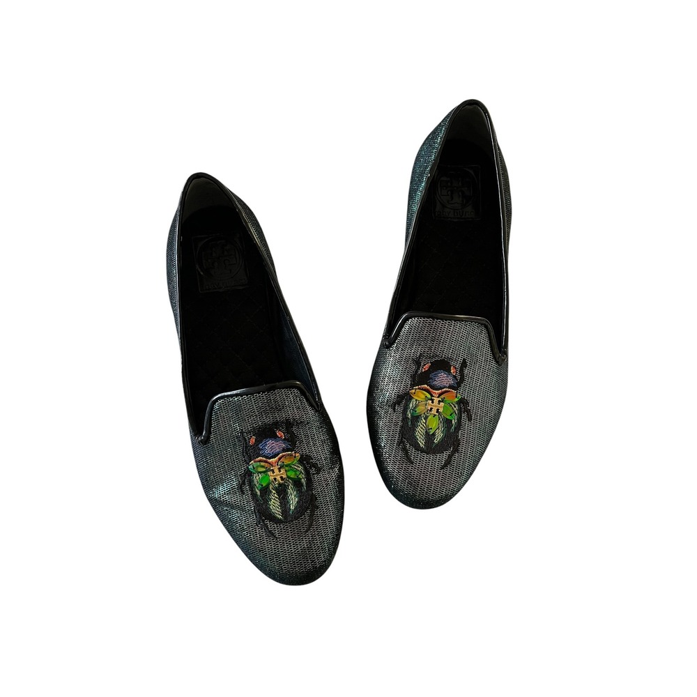 TORY BURCH Cailyn Holographic Scarab Beetle Iridescent Embroidered Loafer Flats - Picture 2 of 12
